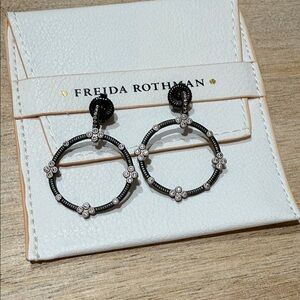 Freida Rothman Grey and Silver Floral Hoop Earrings